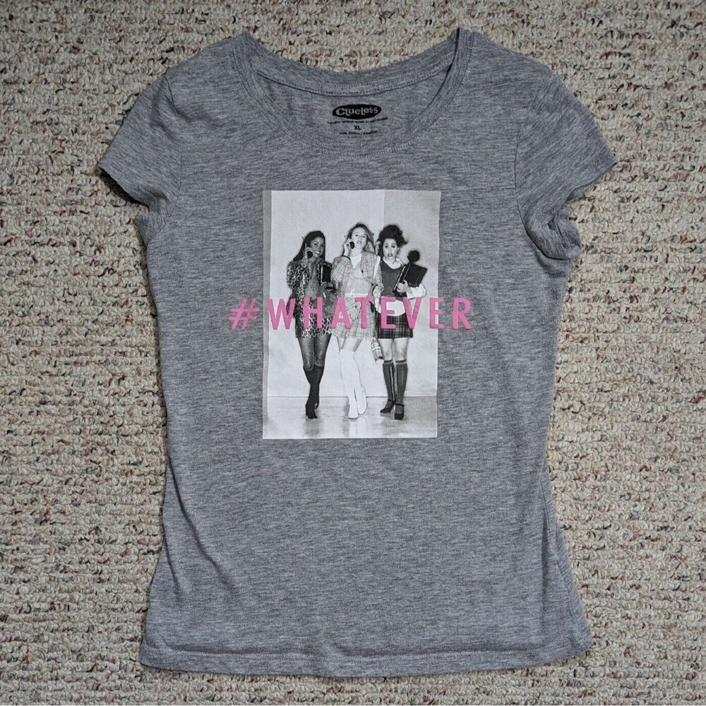 Clueless #Whatever Graphic T-Shirt Girls Youth Size XL Gray, Black & White, Pink